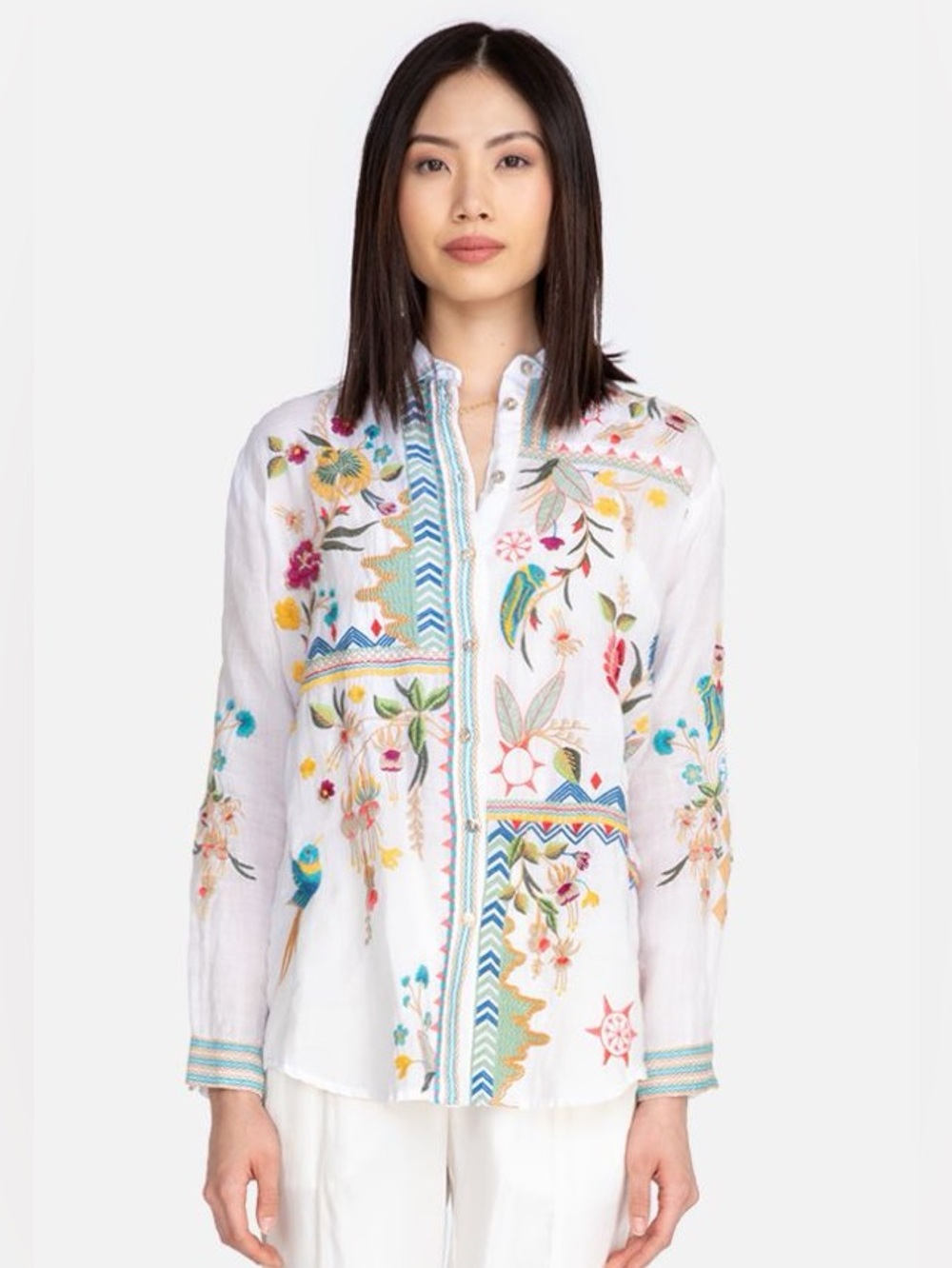 Johnny Was Button-Down Shirt with Multicolor Floral Embroidery